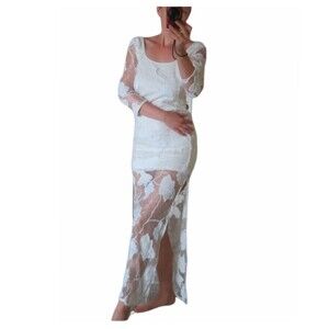 Revolve Line and Dot white lace maxi dress floral 3/4 sleeves Sheer size Small